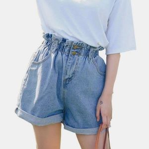 High waist denim paper bag short